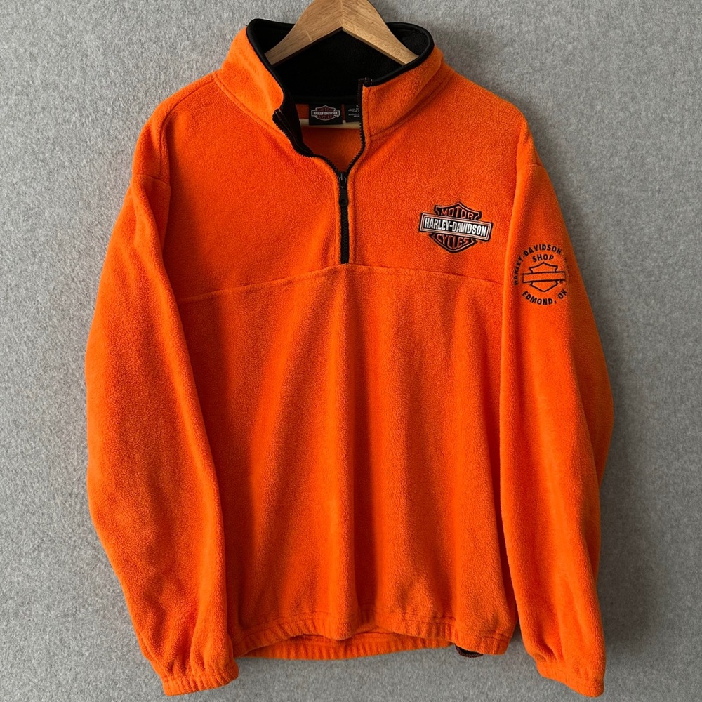 Harley-Davidson Fleece Pullover Mens Medium Orange Quarter Zip Edmond Oklahoma